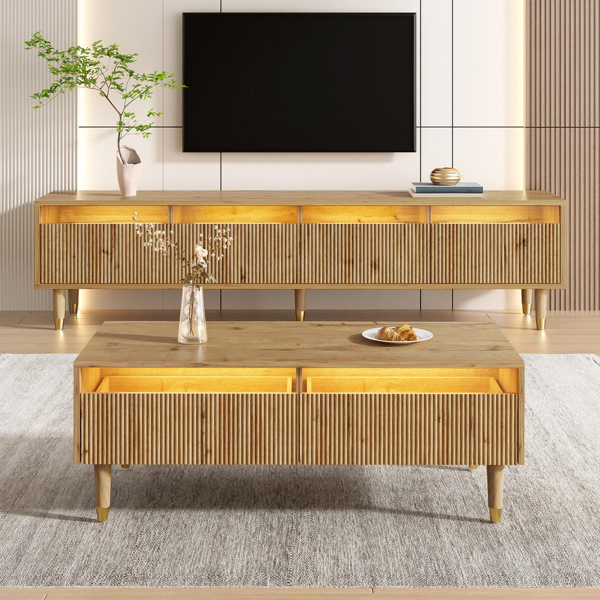 TV-SCHRANK SET 4 Türen Couchtisch 2 Schubladen LED Holz Gold - Braun, Holz (57.78/12.7/119cm) - FLIEKS