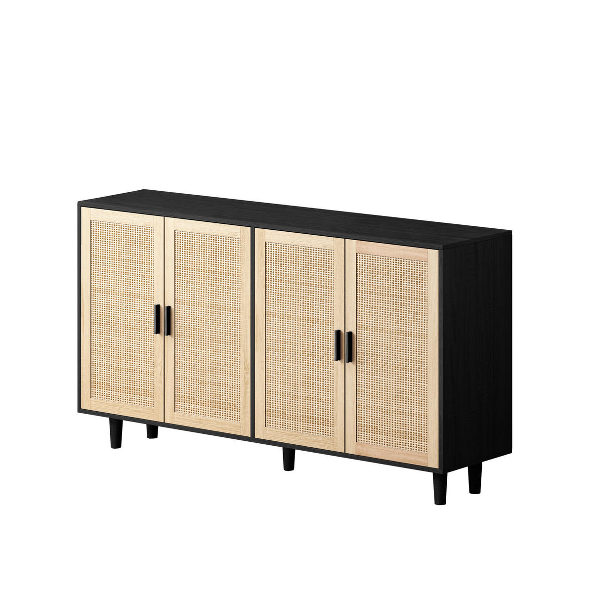 SIDEBOARD 158/40/88 cm in Schwarz mit 4 Rattantüren und verstellbarem Einlegeboden - Schwarz, Holzwerkstoff (158/88/40cm) - Flora Grace