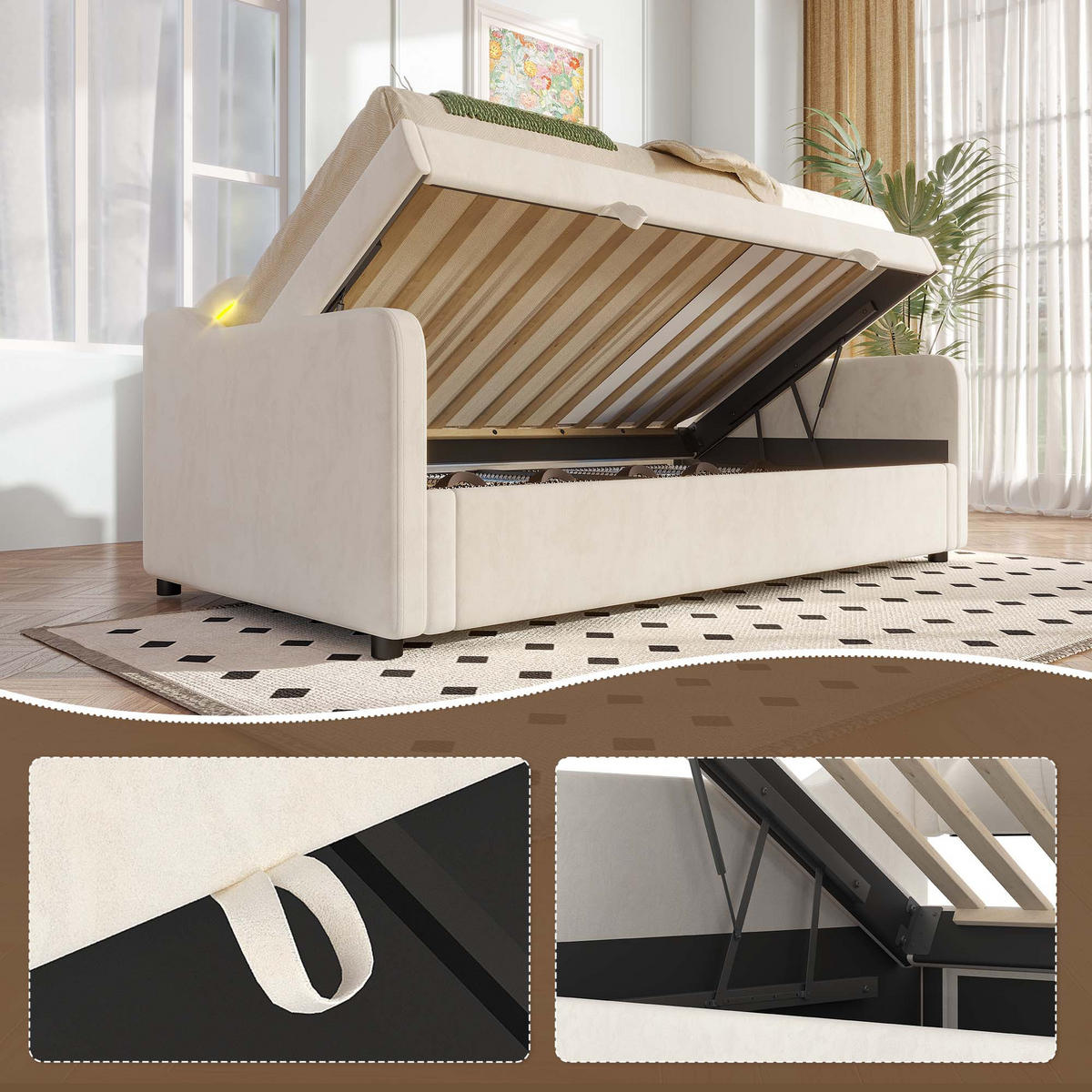 TAGESBETT 90x200cm Beige Mit LED & Stauraum - Beige, Textil (90/200cm) - FLIEKS