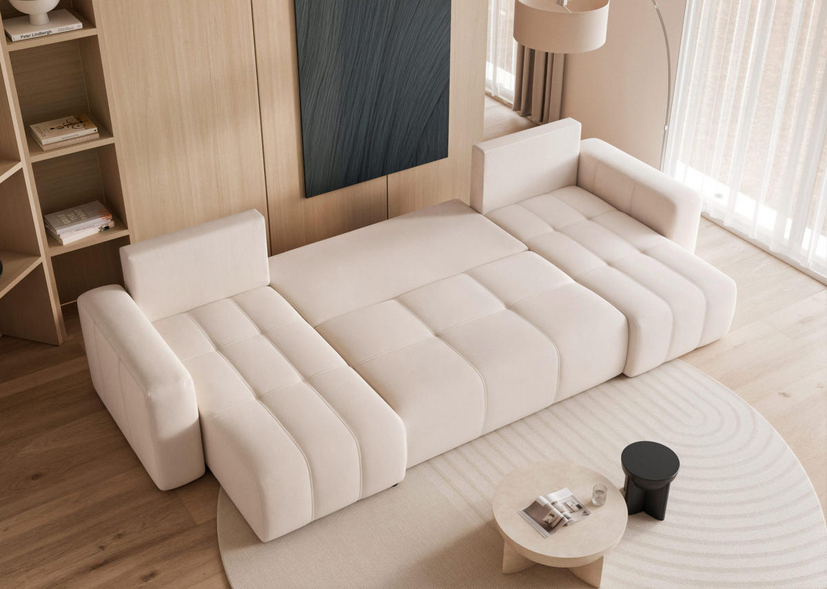WOHNLANDSCHAFT U-Form Velours mit Bettkasten und Schlaffunktion - Creme, Holzwerkstoff/Kunststoff (318/79/145cm) - Idohome