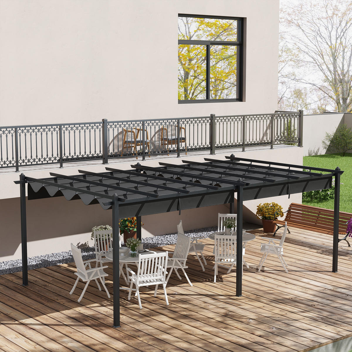 PERGOLA DE-12598 350/600 cm ausziehbar mit Alurahmen Dunkelgrau - Dunkelgrau, Metall (358/223/597cm) - ComfortXL