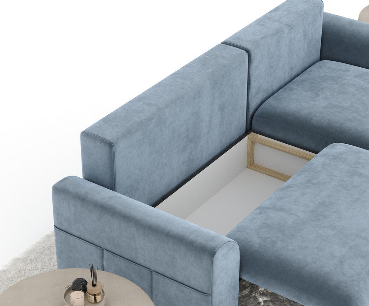 ECKSOFA MIT SCHLAFFUNKTION Bodega Blau Grau Samtstoff - Blaugrau/Schwarz, Holz/Holzwerkstoff (235/138cm) - Maison de Reve