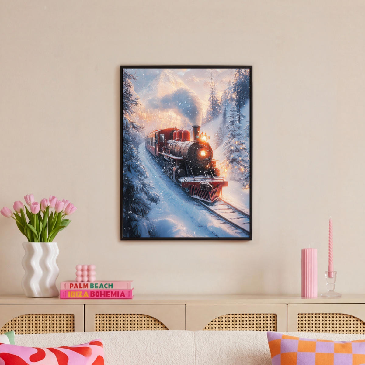 LEINWAND Bilder mit Rahmen - Weihnachtszug - Schnee - Winter - Weihnachten - 50x70 - Dunkelrot, Textil (50/70cm) - MuchoWow