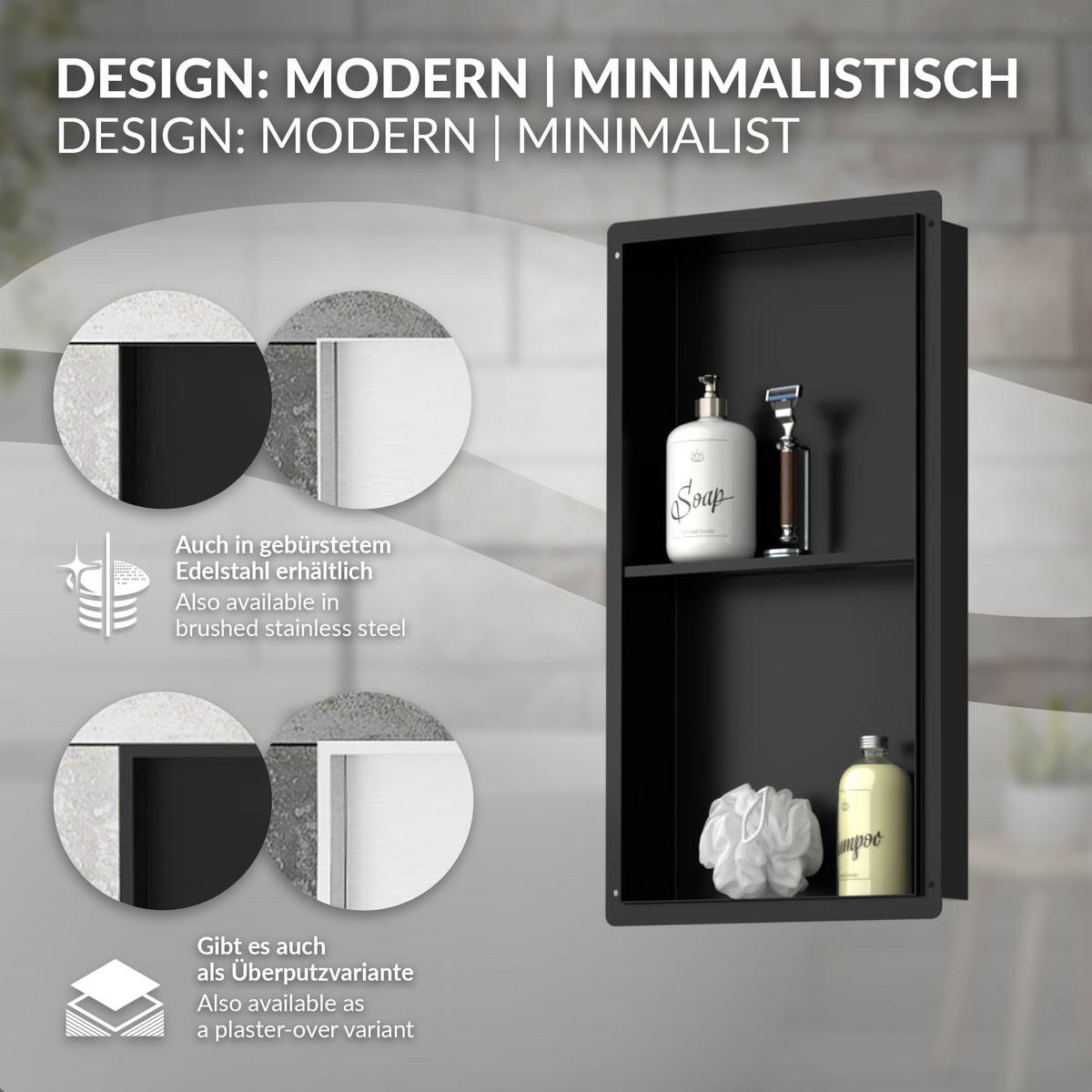 DUSCHNISCHE Doppel Schwarz 30/60 cm randlos - Schwarz, Metall (30/60/10cm) - LuxeBath