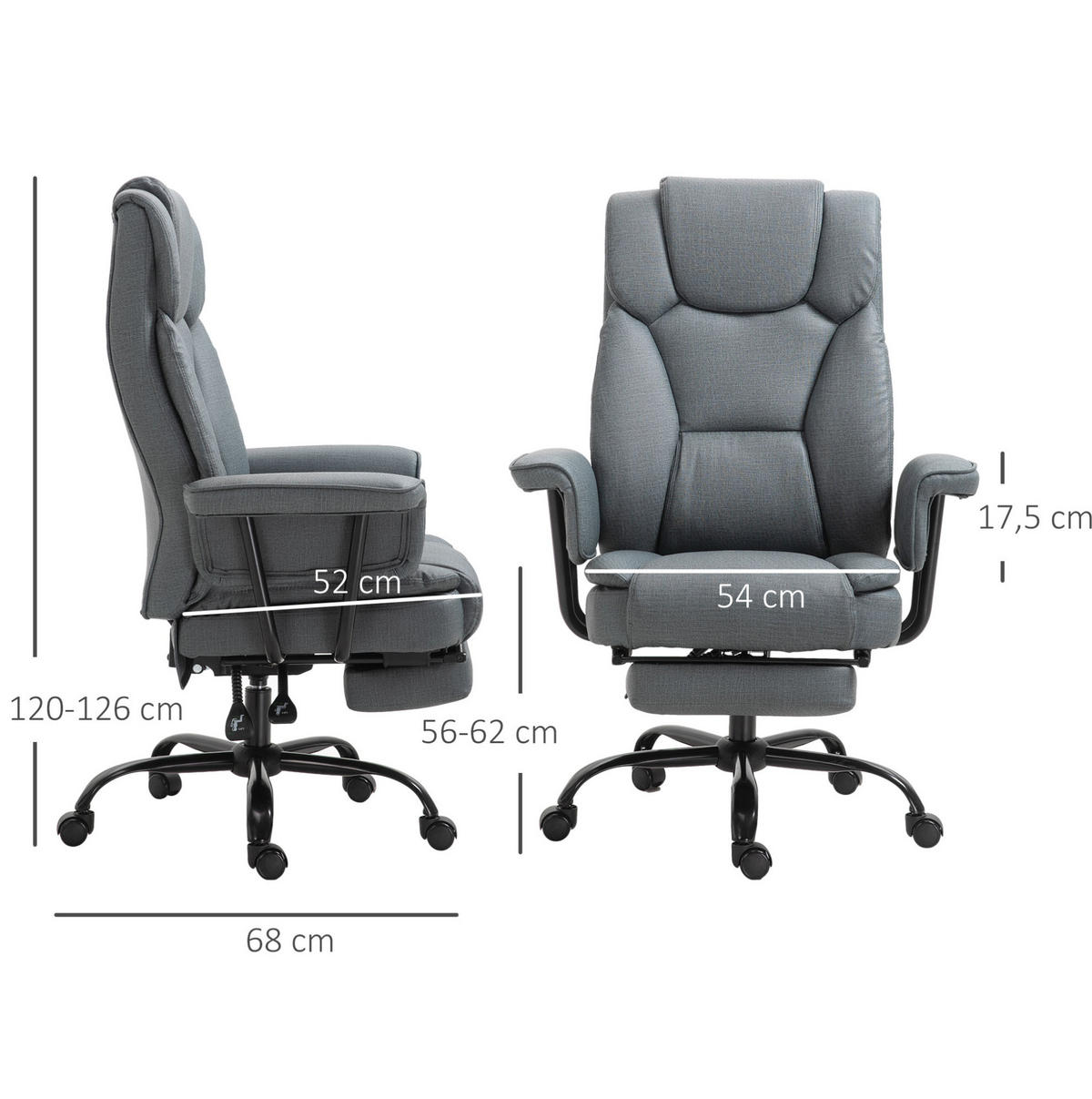 DREHSTUHL 68/80/120–126 cm grau aus Stahl mit Kunstleder und 150° Liegefunktion - Grau, Metall (80/126/68cm) - OKWISH