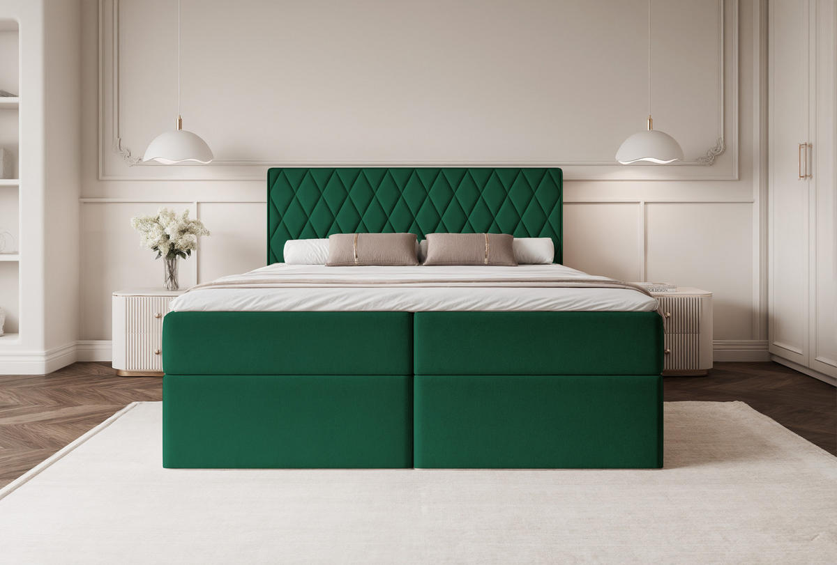 BOXBETT PONTI 200x200 cm Dunkelgrün (Samt) - mit 2 Bettkästen, Bonellmatratze und vertikaler Rautensteppung - Dunkelgrün, Holzwerkstoff/Textil (200/200cm) - Ravio