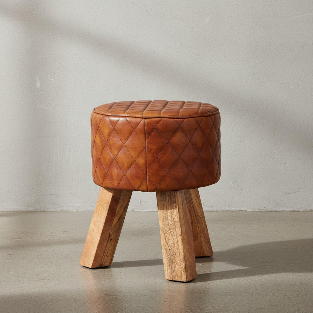 SITZHOCKER – Holz/Leder, 46 cm, Rautenmuster, Braun - Braun, Mangoholz/Leder (35/46/35cm) - KADIMA DESIGN