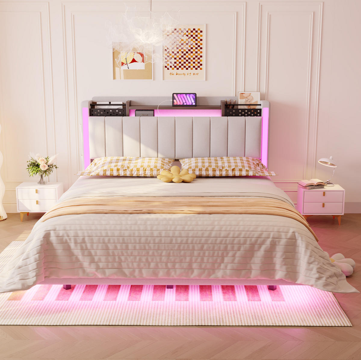 POLSTERBETT mit USB, LED und Stauraum 140x200 cm Leinenstoff Beige - Beige, Metall (140/200cm) - Meubliv