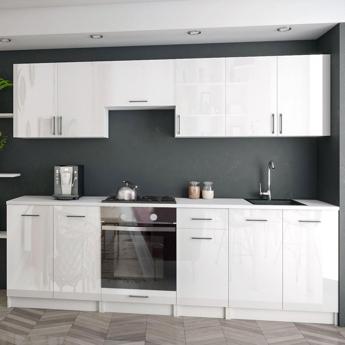 KÜCHENZEILE LECO 240 weiss glanz - Weiß Hochglanz, Holzwerkstoff (240/82/46cm) - roe furniture