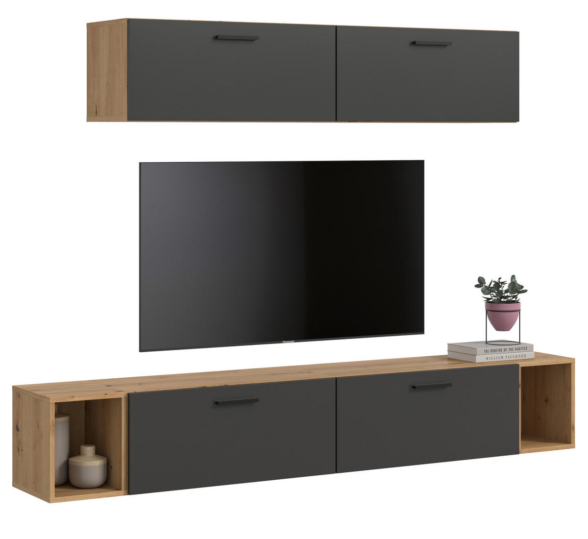 WOHNWAND grau, Eiche Artisan 202 cm, Schrankwand mit Soft-Close - Schwarz/Eiche Artisan, Holzwerkstoff/Kunststoff (202/184/34cm) - Inn.Furn