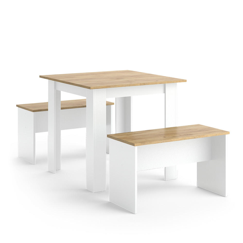 ESSTISCH SET Sentio Weiß/Goldkraft Eiche 80 x 80 cm mit 2 Bänken - Honigeiche/Weiß, Holzwerkstoff (80/73/80cm) - Vicco