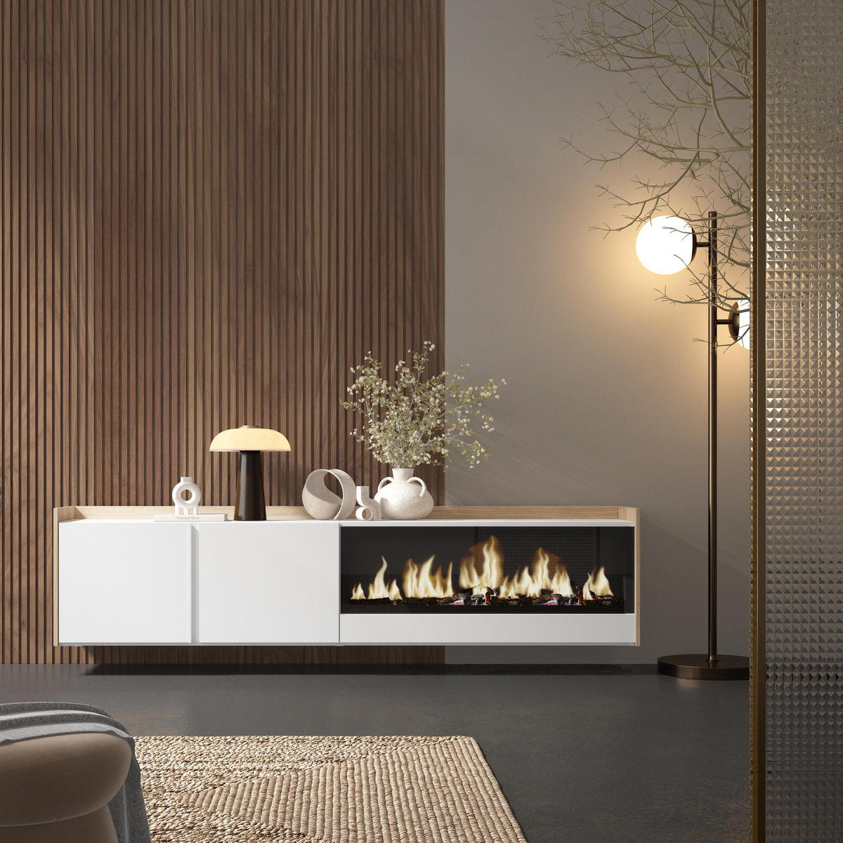 LOWBOARD, Weiß und Eiche, 212/35/50cm, Kamin mit Feuereffekt XXL - Weiß, Holzwerkstoff (212/50/35cm) - Skraut Home