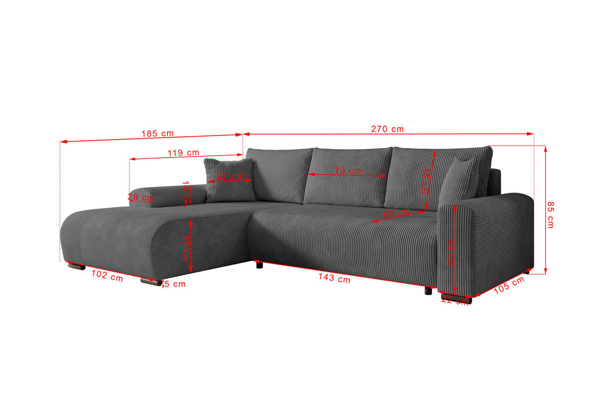 ECKSOFA Nelly mit Bettkasten und Schlaffunktion, Cordstoff in L-Form - Dunkelgrau, Textil (270/185cm)