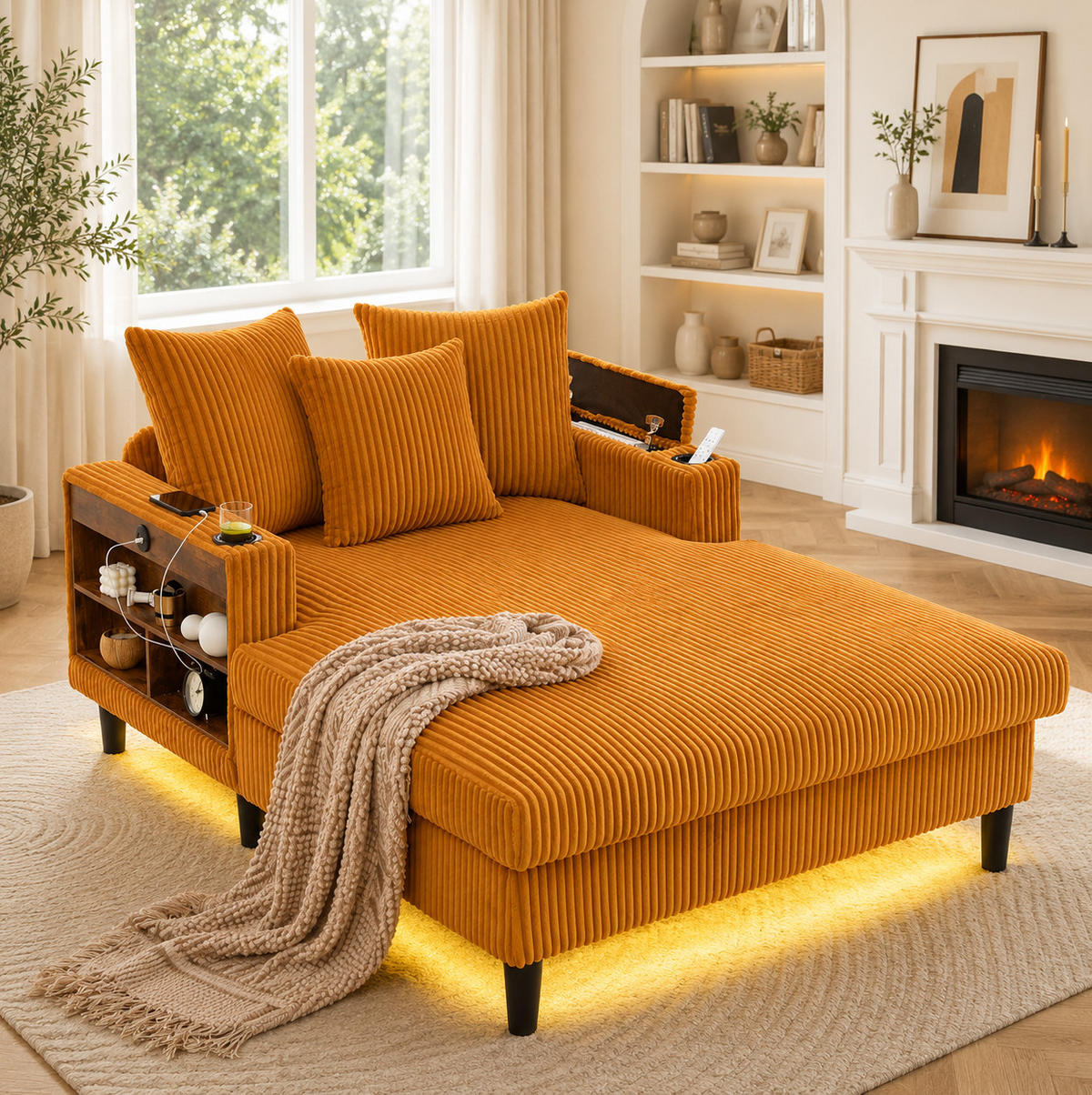 SCHLAFSOFA 129/170/70 cm aus Cord mit LED-Beleuchtung und USB-Ladeanschluss Senfgelb - Currygelb, Textil (170/70/129cm) - Modenvie
