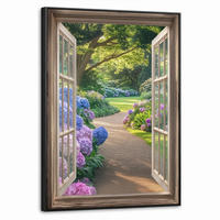 LEINWAND Bilder mit Rahmen - Aussicht - Garten - Fenster - Hortensie - Blumen - 50x70 - Pastellblau, Textil (50/70cm) - MuchoWow