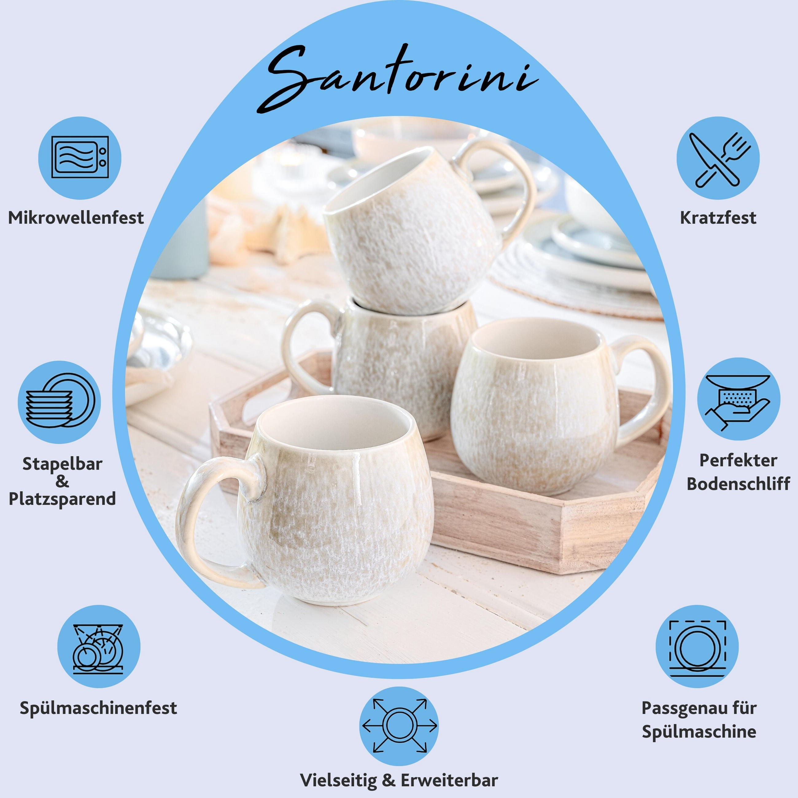 KAFFEEBECHER SET SANTORINI - 4 teilig aus Steingut - Creme, Keramik (30/18/30cm) - Sänger