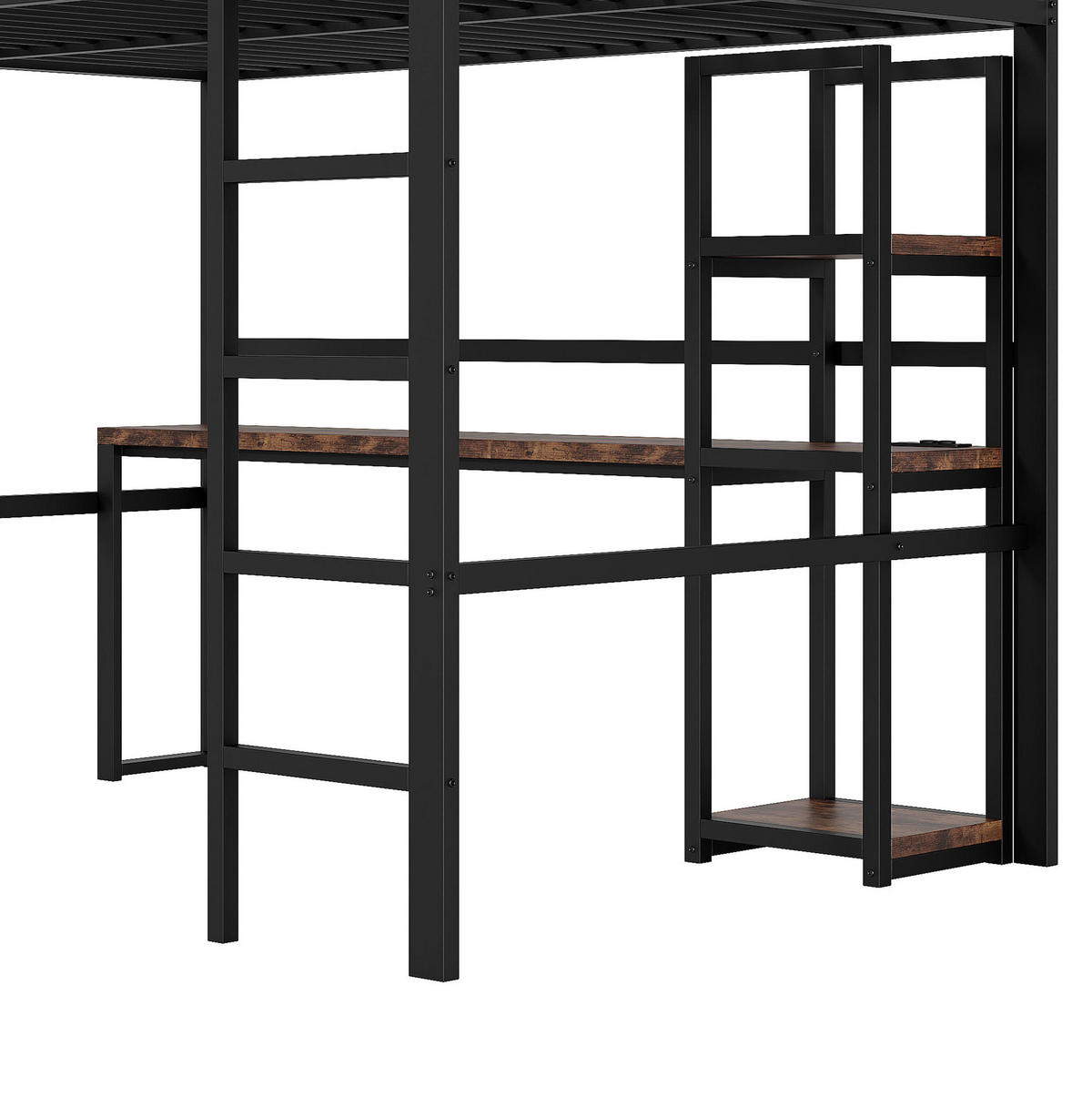 HOCHBETT aus Metall 140x200 cm Schwarz mit Schreibtisch, Regalen, Steckdose, USB-C und Geländer - Schwarz, Metall (140/190cm) - Modfu