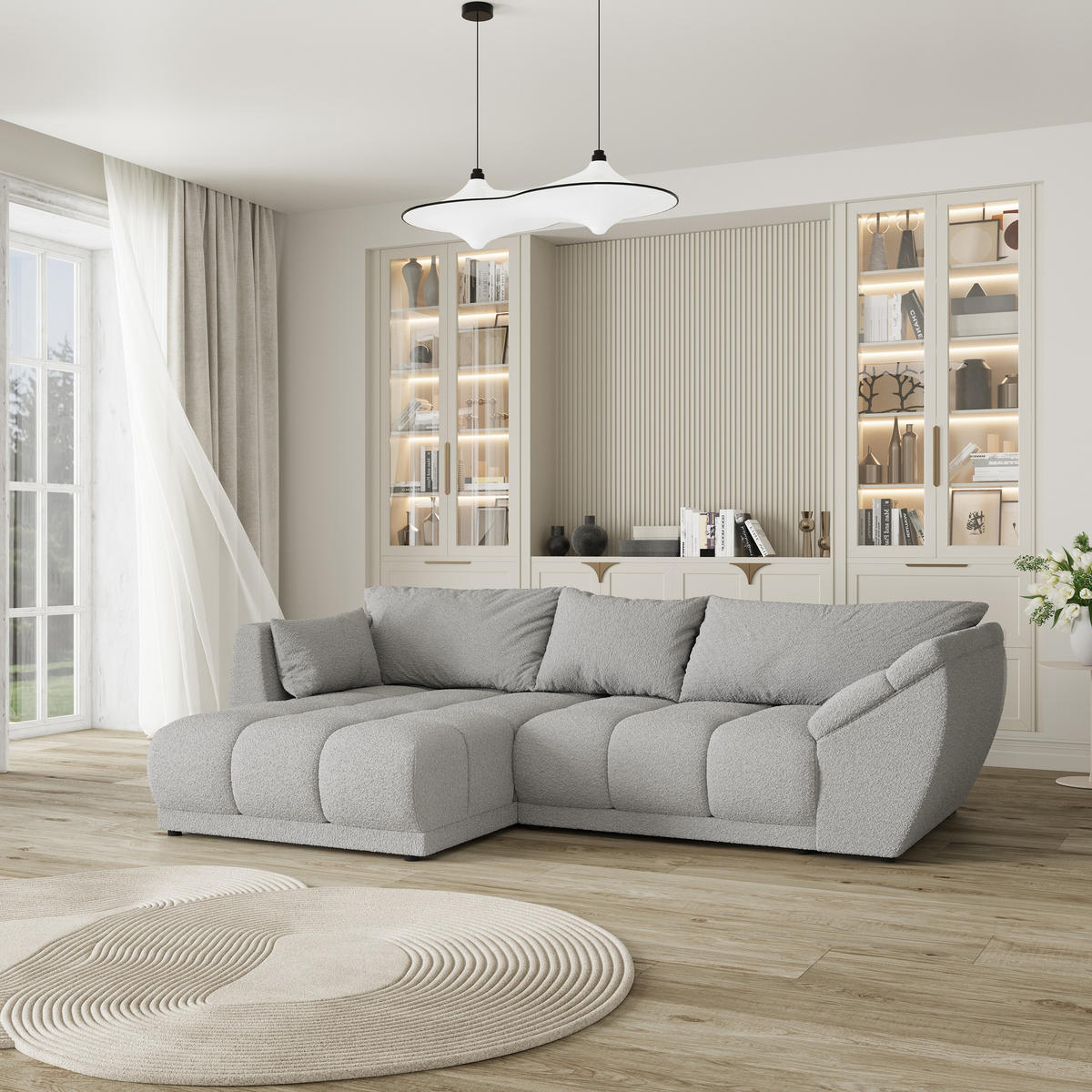 ECKSOFA ORENTI L-S Hellgrau Boucle-Stoff mit Schlaffunktion - Hellgrau, Holz (287/182cm) - MASSENO