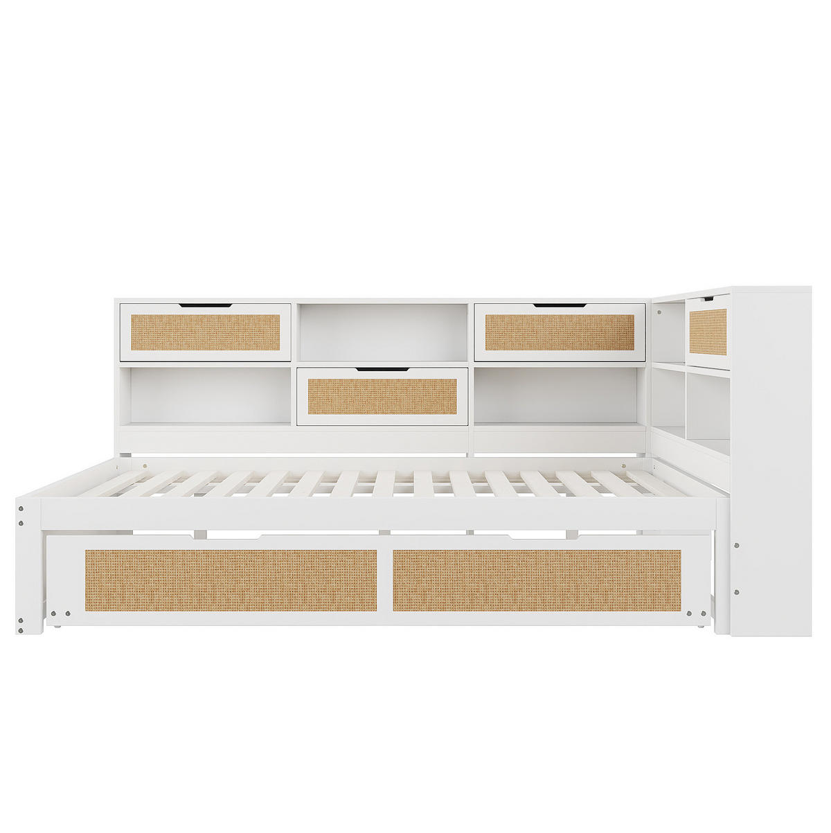 BETT 140/200 cm in Weiß mit Ausziehbett, Stauraum und USB-Ladeanschlüssen - Weiß, Holz (140/200cm) - BEAOK