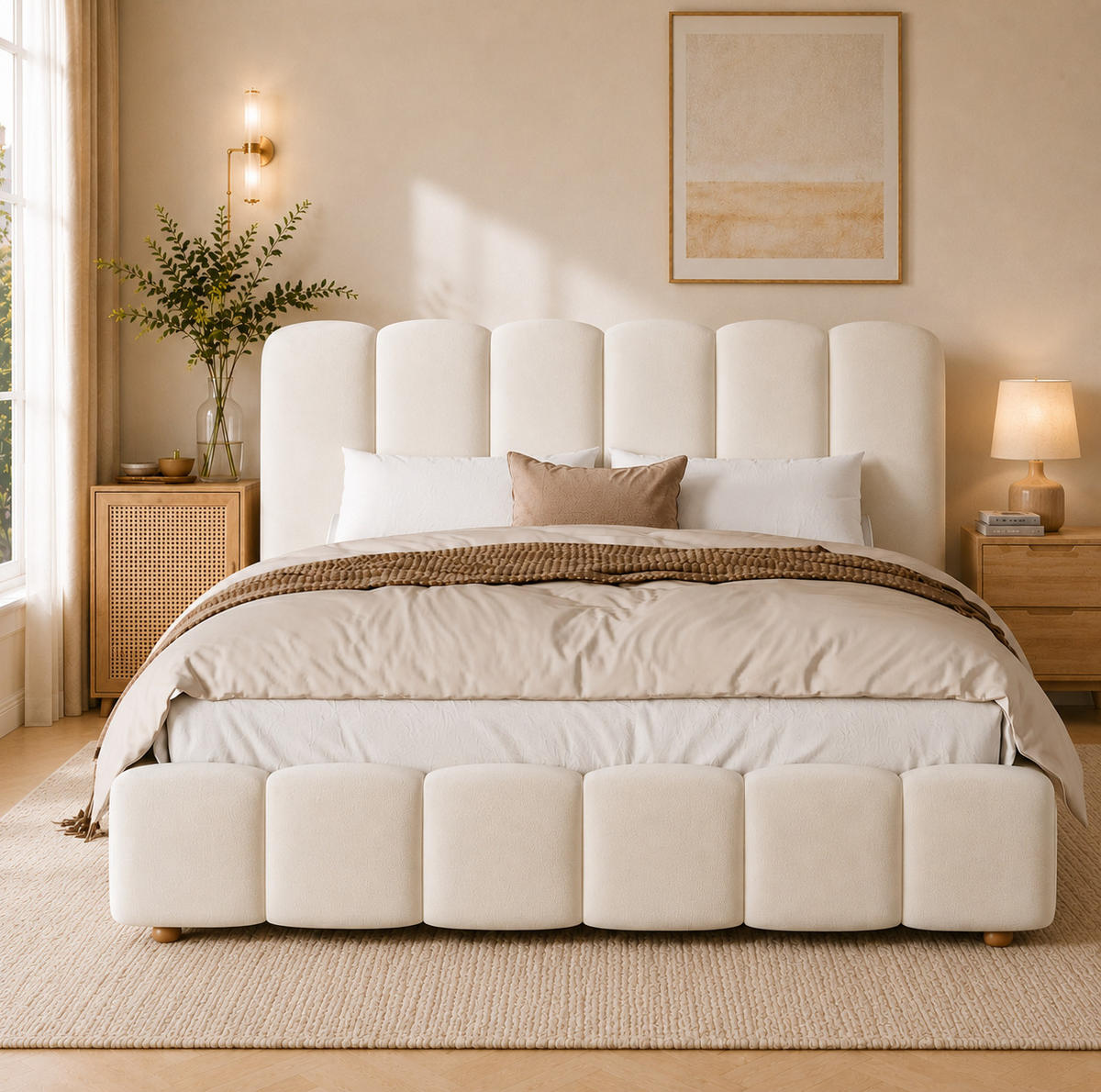 POLSTERBETT aus Samt 140x190 cm Beige mit Lattenrost, hydraulischem Bettkasten und Kopfteil - Beige, Textil (140/190cm) - Modfu