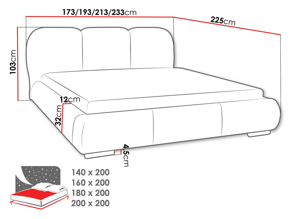 POLSTERBETT Rosa - Eichefarben/Schwarz, Holz/Textil (200/200cm) - MIRJAN24