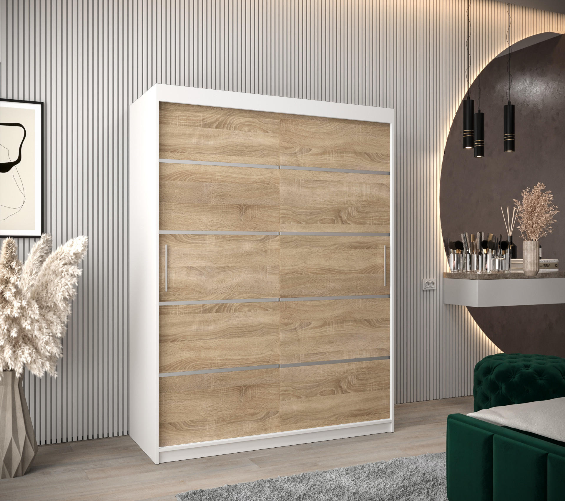 SCHWEBETÜRENSCHRANK 200/150/62 2-türig - Silberfarben/Weiß, Holz/Kunststoff (150/200/62cm) - MÖBEL KRYSPOL