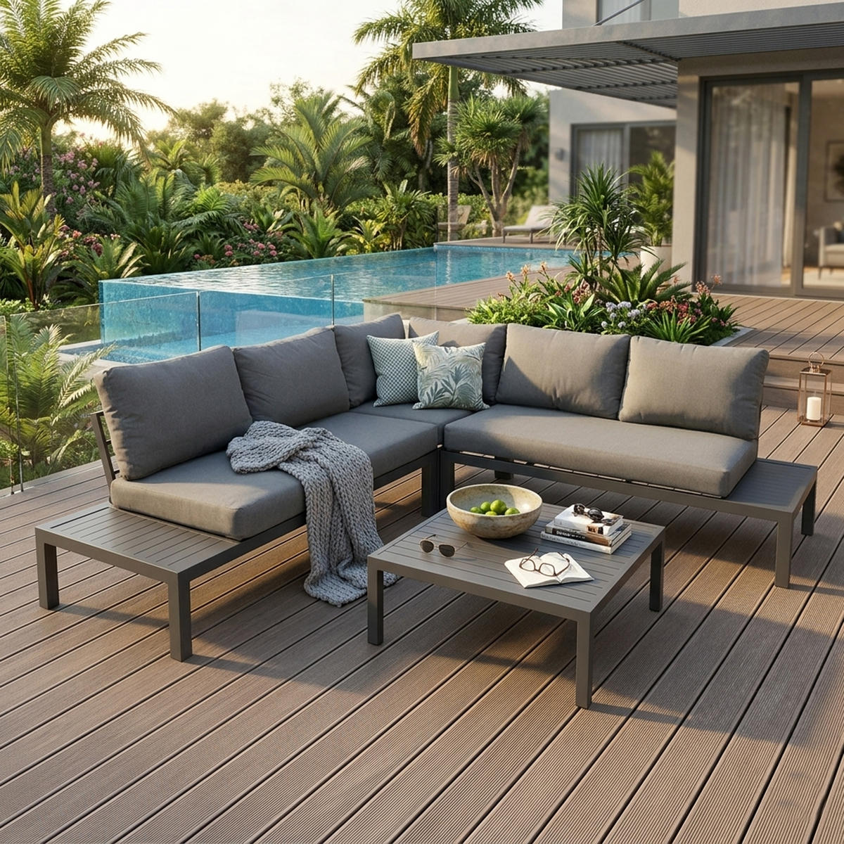 LOUNGE-SET Solihull - Sitzgruppe 4-teilig aus gebürstetem Aluminium, Tischplatte und Armlehnen aus Kunstholz dunkelgrau - Grau, Metall - TPFGarden