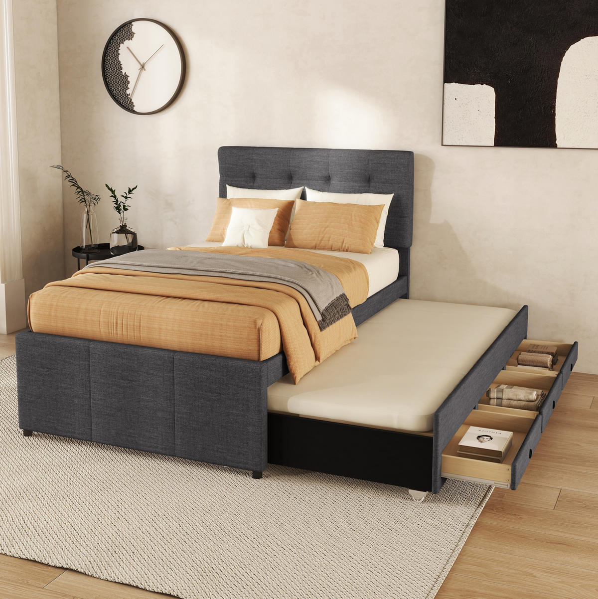 POLSTERBETT 90/200 cm grau mit ausziehbarem Rollbett und höhenverstellbarem Kopfteil Ohne Matratze - Grau, Textil (90/200cm) - OKWISH