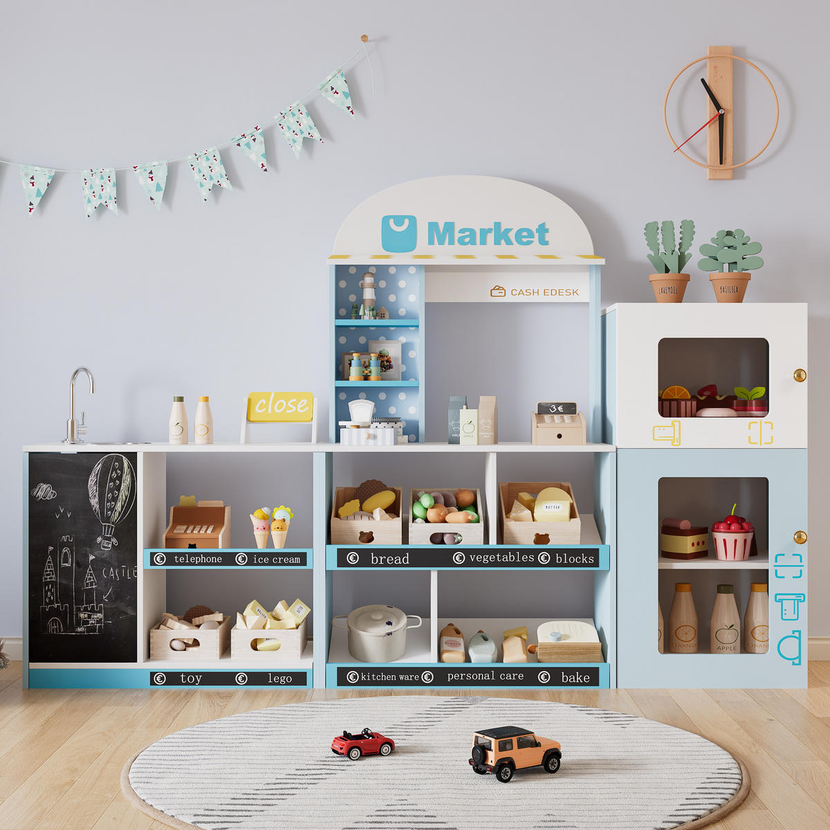 KINDER Kaufladen Spielset Blau – mit Regal, Kühlschrank, Kreidetafel & Zubehör, Holz/Kunststoff, Lernspielzeug ab 3 Jahren - Blau, Holzwerkstoff (155/30/107.5cm) - Ej. Life