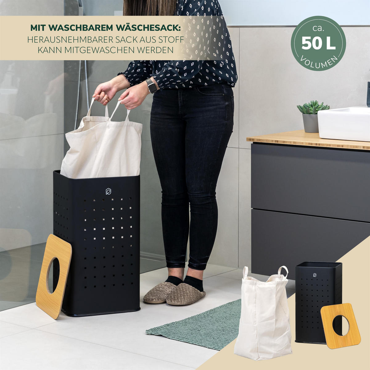 WÄSCHETONNE 50 Liter, schwarz - Schwarz, Metall (32/58/32cm) - eluno