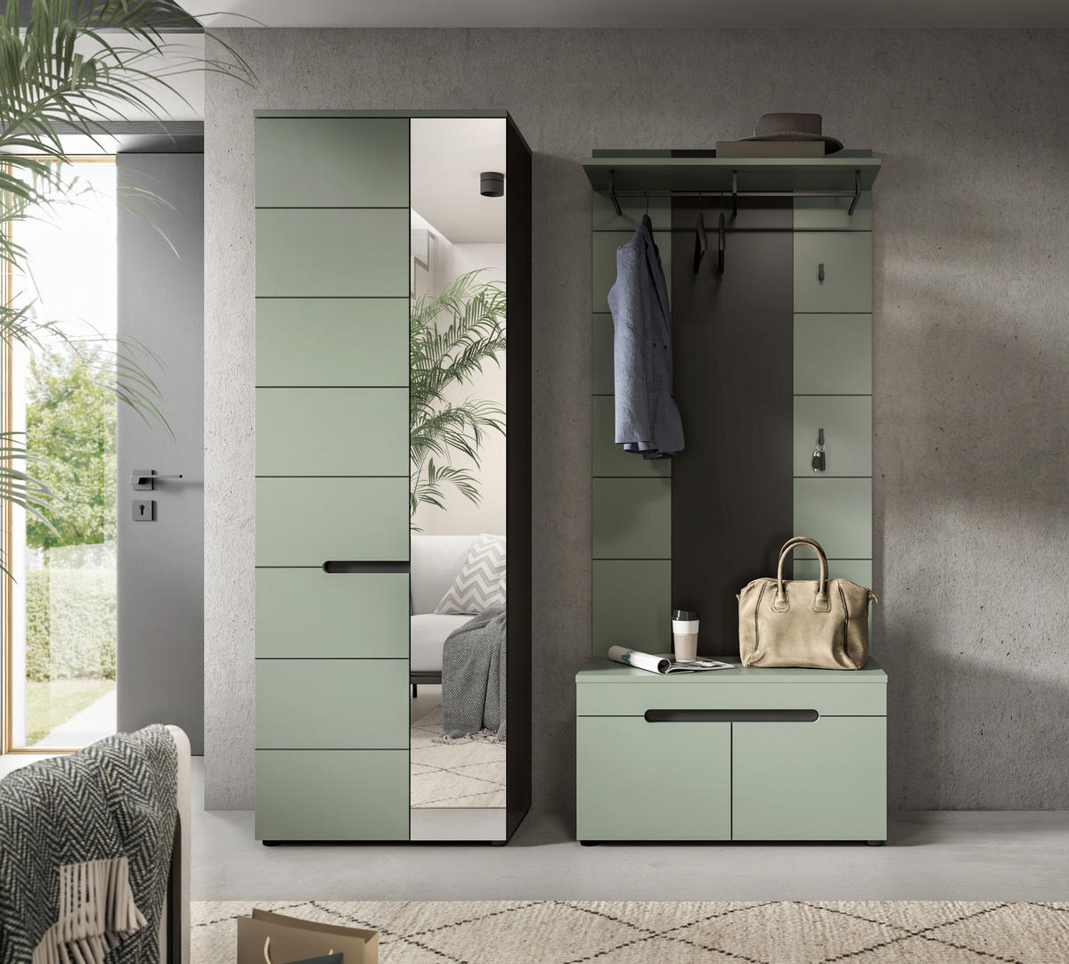 GARDEROBEN-SET CANU 3-tlg. (B/H/T: ca. 160/190/37 cm) in Basalt grau/Smoke Green - Grau, Holzwerkstoff (160/190/37cm)
