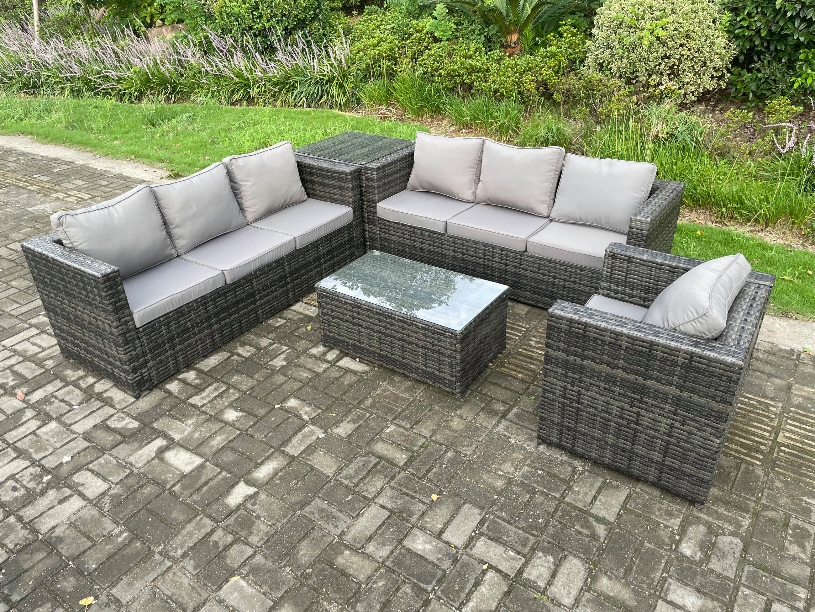 GARTENMÖBELSET Polyrattan 7-Sitzer - Dunkelgrau, Metall - Fimous