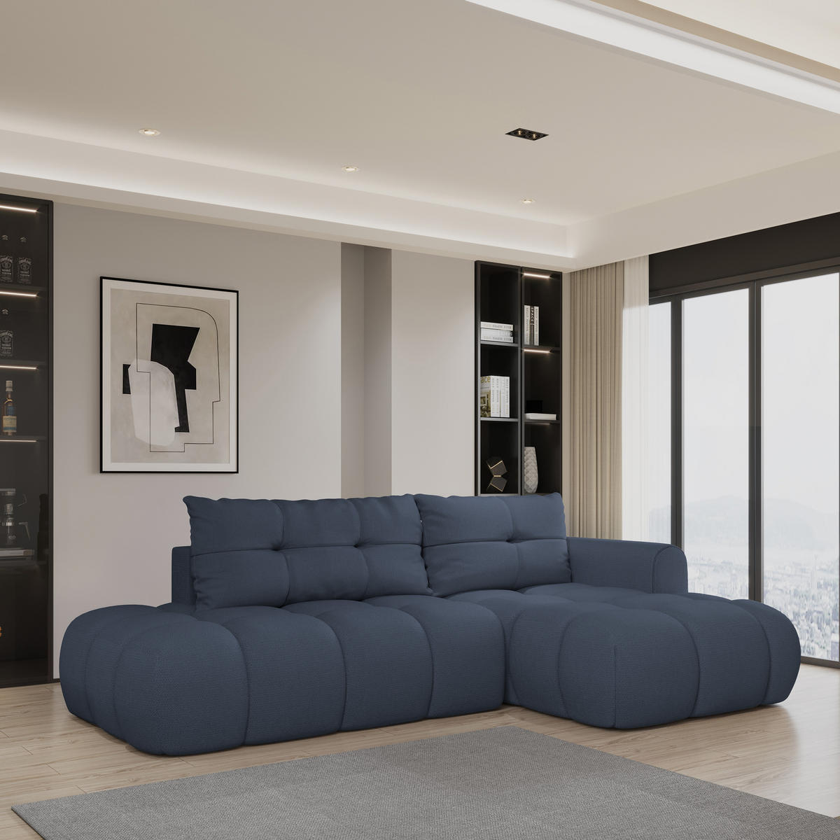 ECKSOFA FLUMA R-S Blau Geflochtener Stoff mit Schlaffunktion - Blau, Holz (274/165cm) - MASSENO