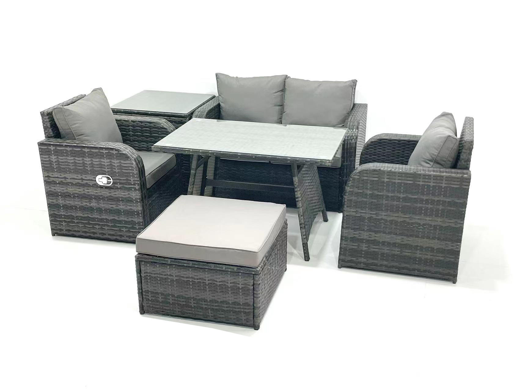 GARTENMÖBEL SET mit COUCHTISCH Polyrattan Dunkelgrau 5-Sitzer - Dunkelgrau/Grau, Glas/Kunststoff - Fimous