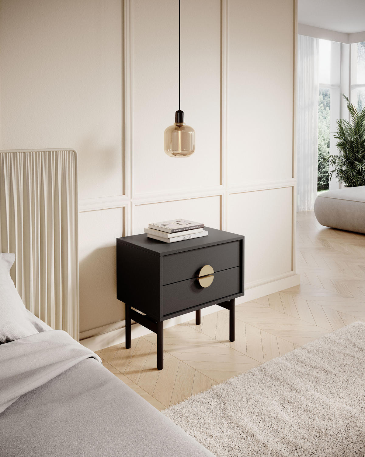 NACHTSCHRANK Stoon Schwarz 55 cm - Goldfarben/Schwarz, Holzwerkstoff/Metall (55.2/57/38cm) - Selsey