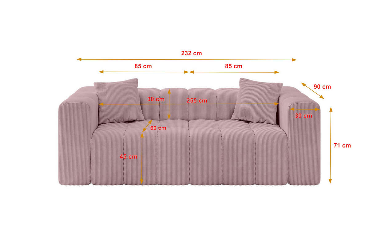 POHOVKA 2-MÍSTNÁ DONY-2 232x90x71 cm Růžová Manšestr - růžová/černá, kompozitní dřevo/textil (232/71/90cm) - ALTDECOR
