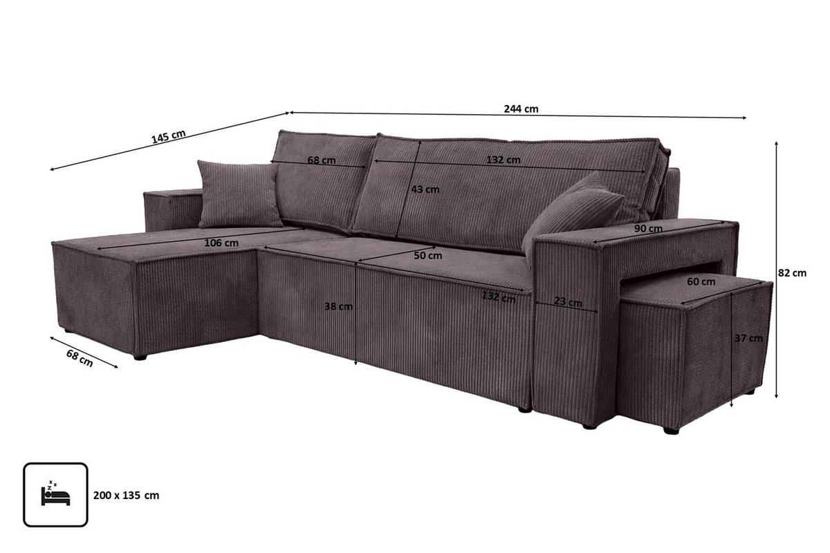 ECKSOFA Mit Schlaffunktion Und Pouf, Cordstoff Poso, Dunkelgrau, Links, Best L Mit Pouf - Dunkelgrau, Holz (244/145cm) - Kaiser Möbel