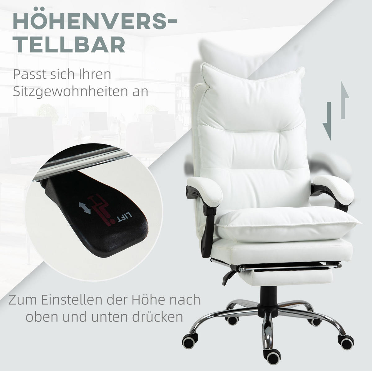 BÜROSTUHL mit Fußstütze höhenverstellbar Weiß - Weiß, Metall (72/130/66cm) - Meubliv
