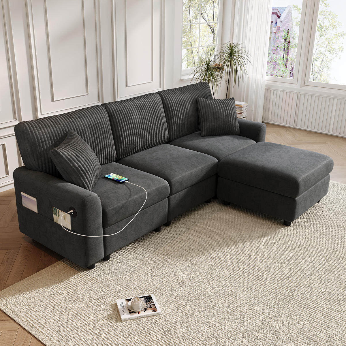 ECKSOFA 223/146/84 cm Schwarz mit 1 Fußhocker, 2 quadratischen Kissen, 1 USB-Anschluss und 1 Type-C-Anschluss - Schwarz, Textil (146/84/223cm) - Oxeza