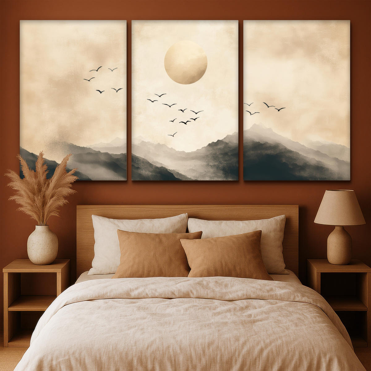 LEINWANDBILD 3er Set Landschaft - Japandi - Beige - Vögel 240x120 cm - Beige, Textil (240/120cm) - MuchoWow