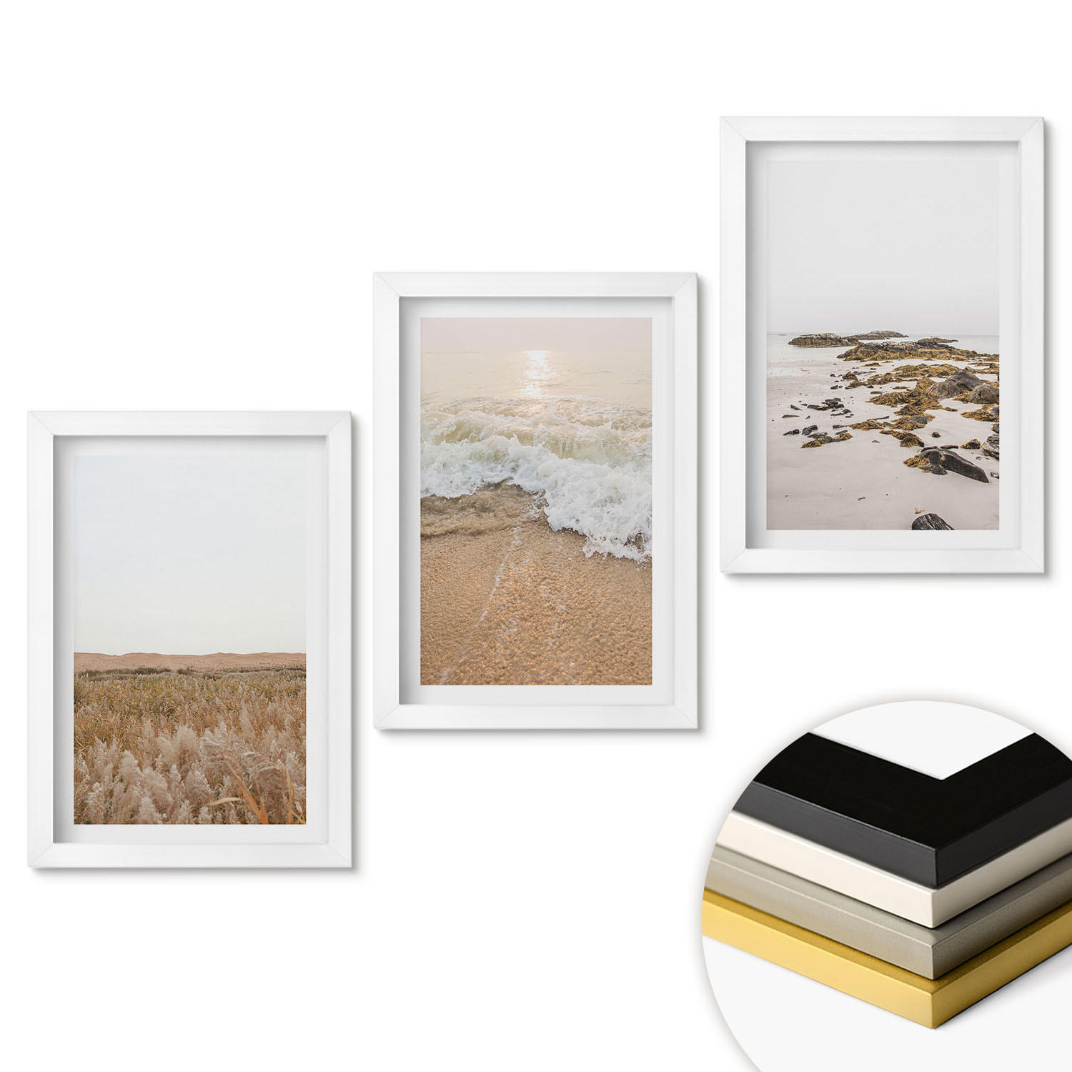 WANDBILDER 3er-Set - 20x30 cm Weißer Rahmen - Strandwellen, Steine, Sommer - Weiß, Kunststoff (20/30cm) - ArtPrintCave