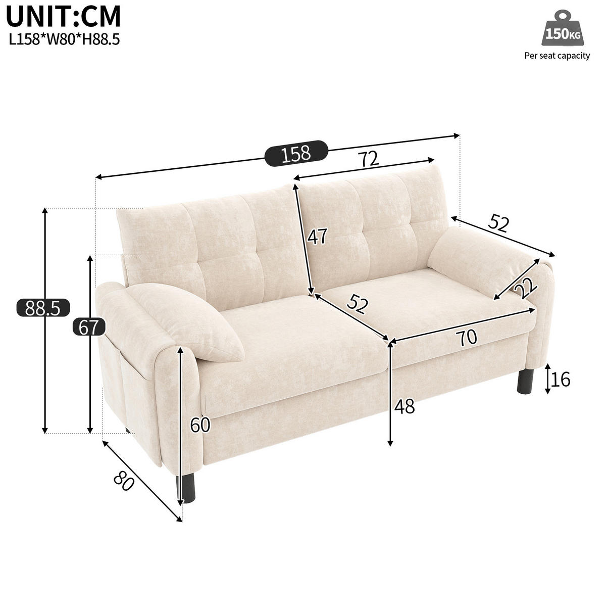 SOFA 2-Sitzer 158 x 80 x 88,5 cm Chenille Beige - Beige, Holzwerkstoff (158/88.5/80cm) - Meubliv