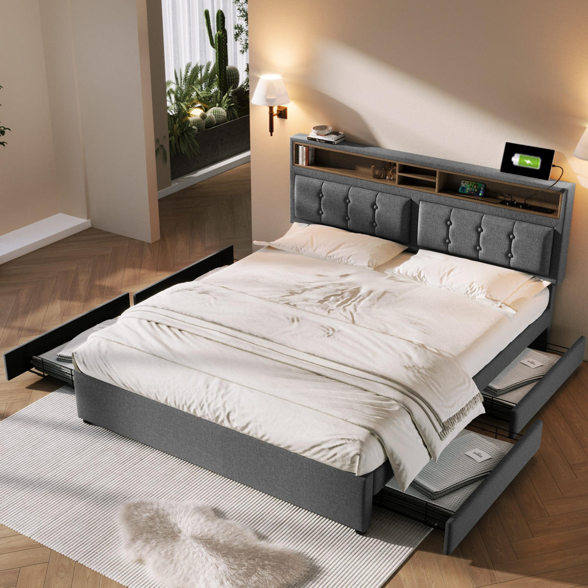 POLSTERBETT 4 Schubladen Höhenverstellbares Kopfteil 160×200cm - Grau, Textil (160/200cm)