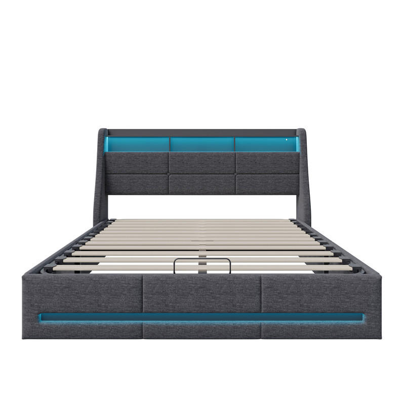 BETT 140 x 190 cm mit LED-Beleuchtung und USB, hydraulisches mit Stauraum, Lattenrost, grau - Grau, Holzwerkstoff/Textil