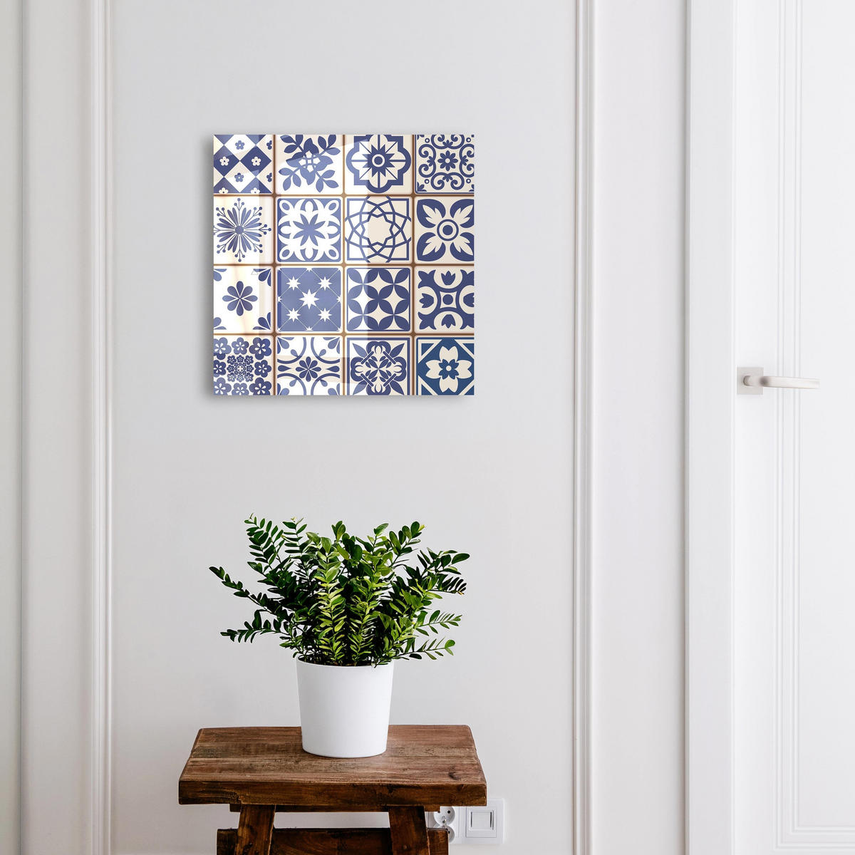 SCHLÜSSELBOX Weiß 30x30 cm – Türöffnung nach rechts - Retro-Mosaik - Blau, Metall (30/30/5cm) - TULUP