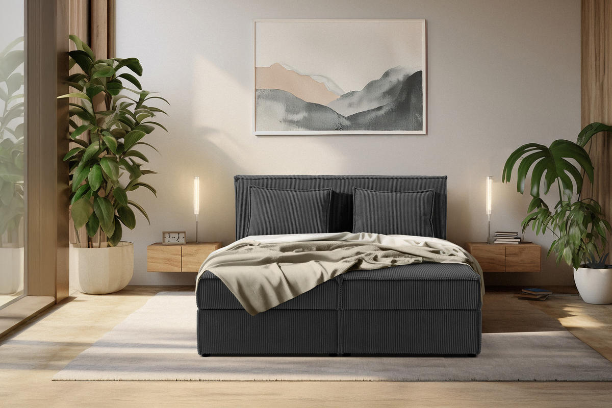 BOXSPRINGBETT ROTI mit Stauraum, dunkelgrau - Dunkelgrau/Schwarz, Holz/Holzwerkstoff (140/200cm) - KONSIMO®