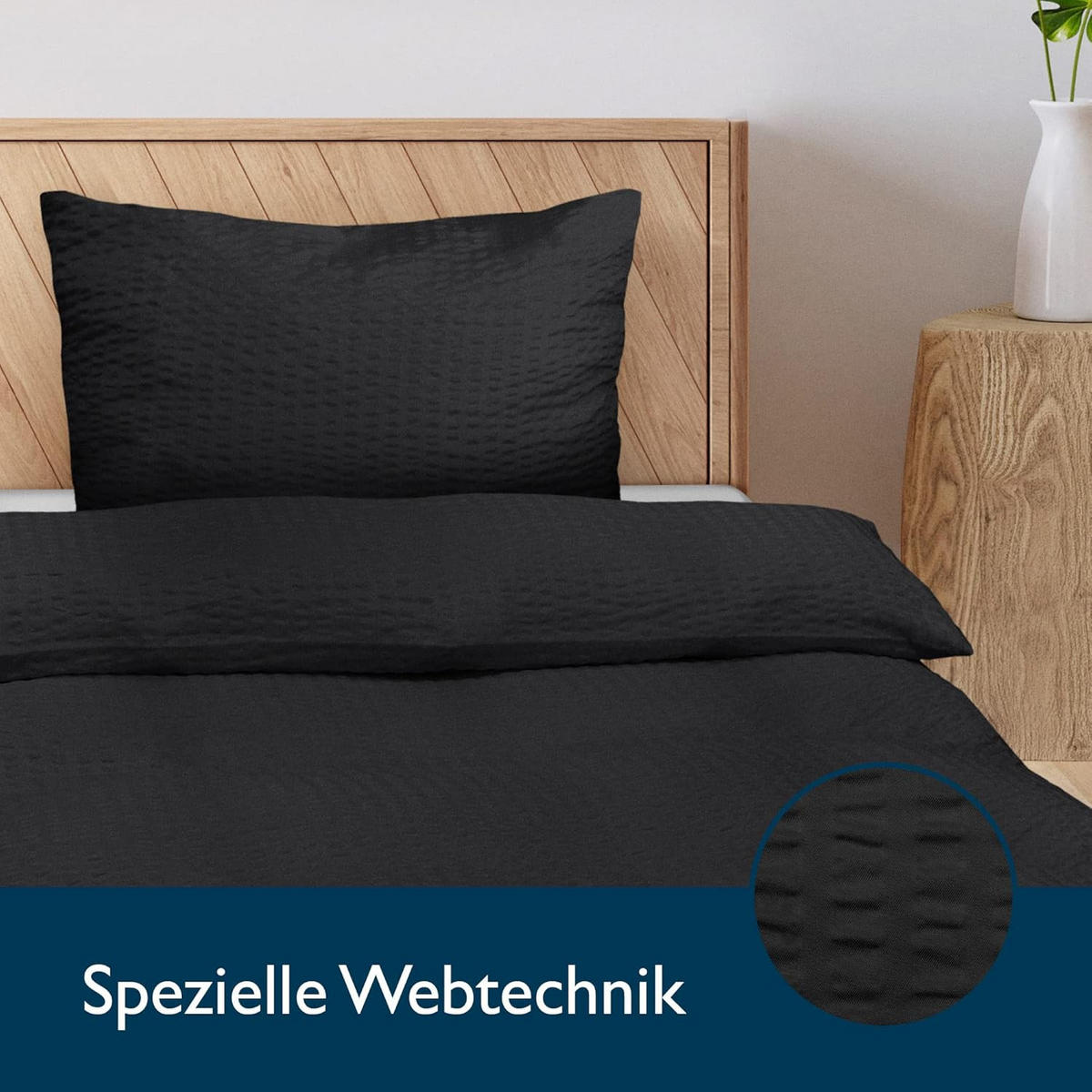 BETTBEZUG Meline 155x220cm + Kissenbezug 80x80cm Schwarz Seersucker (4tlg) - Schwarz, Textil (155/220cm) - Beautissu 