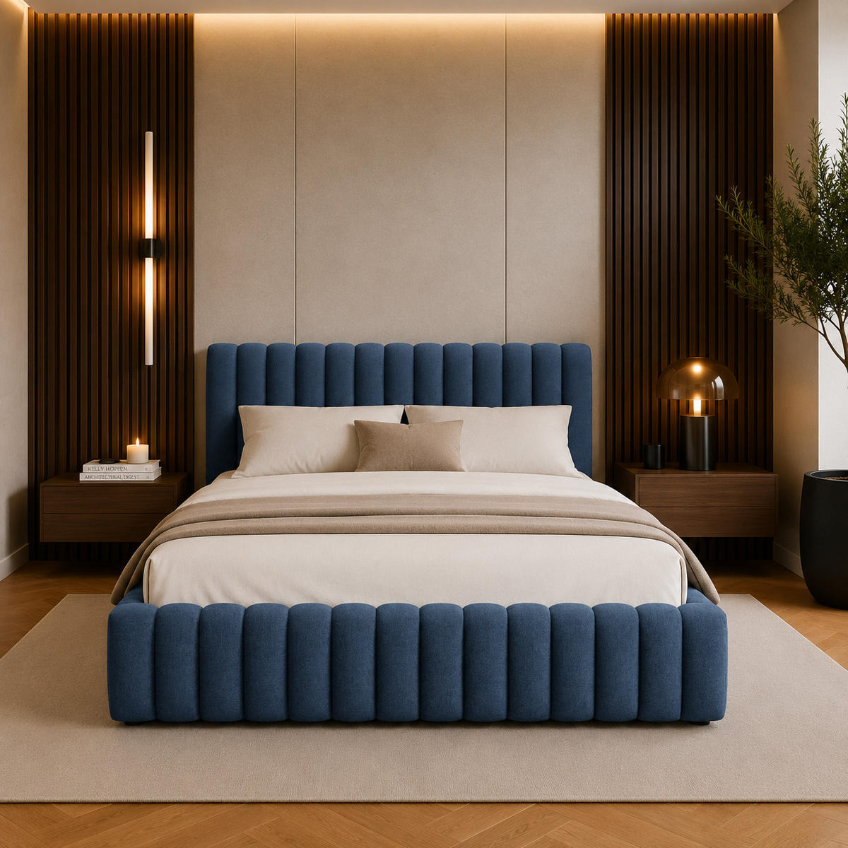 POLSTERBETT BLIVIO 180x200 cm,mit Bettkasten,Lattenrost,Doppelbett,Boxspringbett-Optik-Blau - Dunkelblau, Holz (180/200cm) - Furnistar