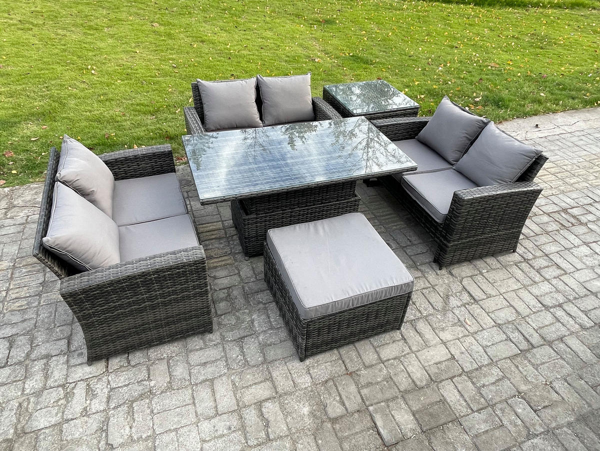 GARTENMÖBEL-SET Polyrattan Dunkelgrau 7-Sitzer - Dunkelgrau, Metall - Fimous