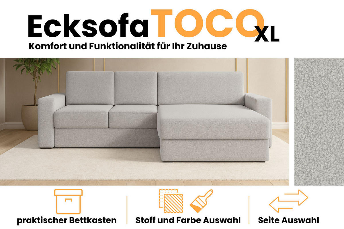ECKSOFA TOCO XL 275/170 cm in Boucle Hellgrau rechts - Anthrazit, Holz/Holzwerkstoff (275/170cm) - Deine Möbel 24